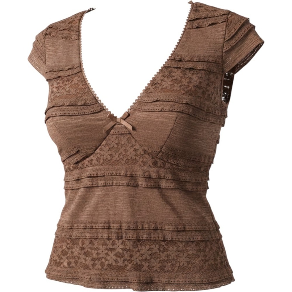 Y2K Thirty Thirty Lace Ruffle Top Women's XS Brown Stretch Fairy Cottagecore